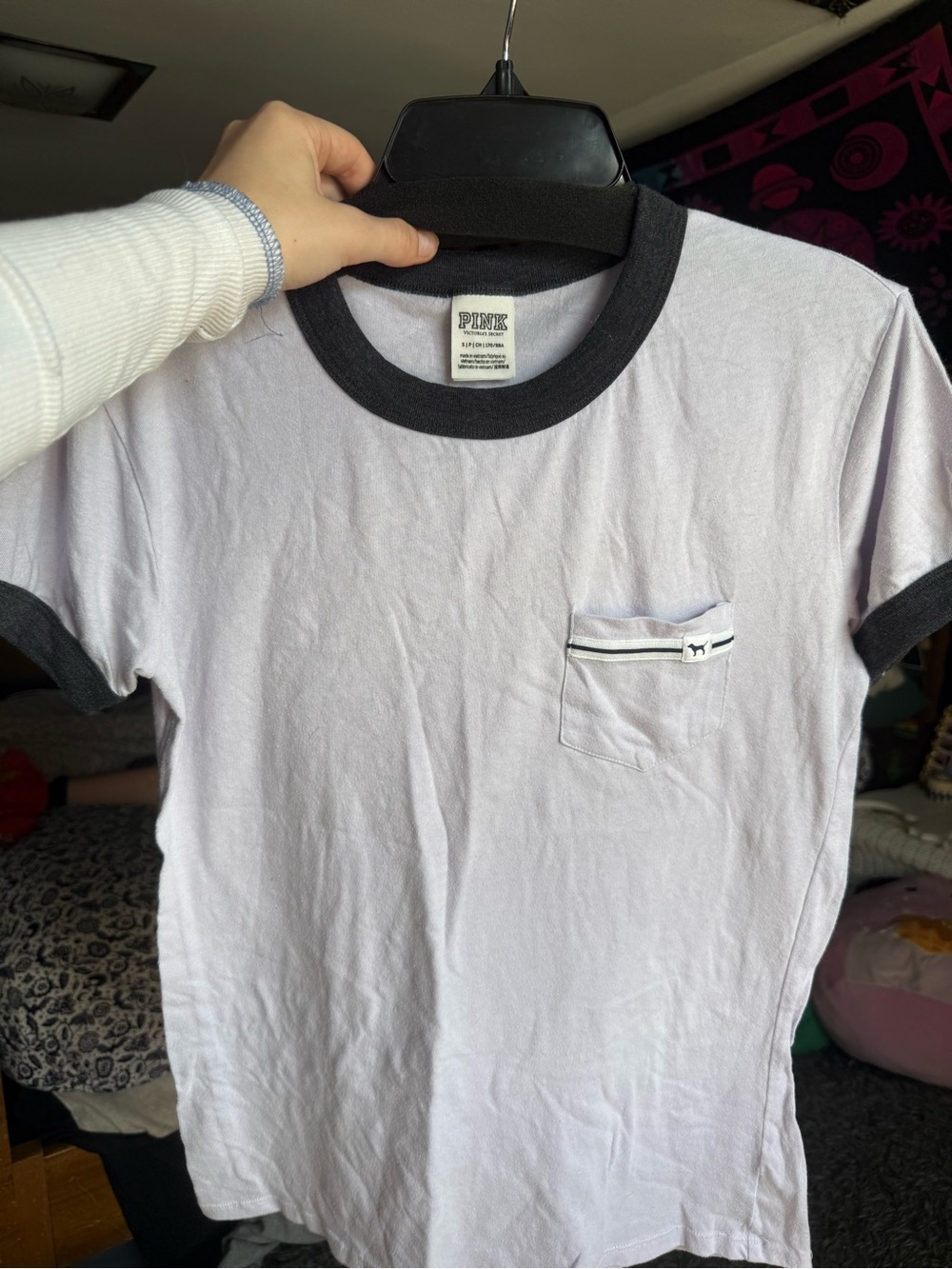 PINK Victoria's Secret Lilac Ringer Pocket Tee with Black Trim